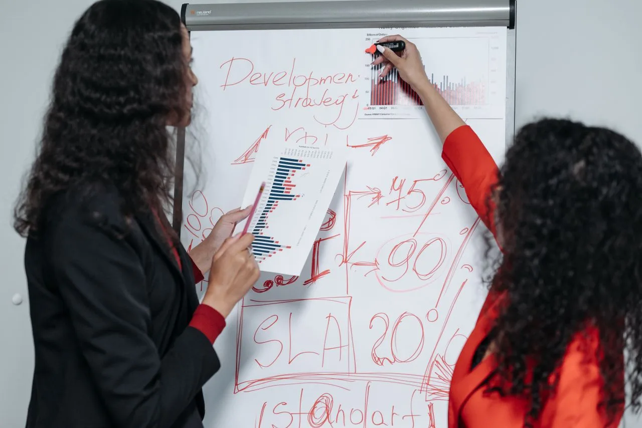 Two business strategists mapping a development plan with charts on a whiteboard